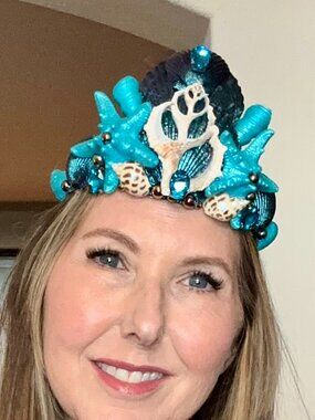 Turquoise Mermaid Crown with Iridescent Rhinestones & Oceanic Details